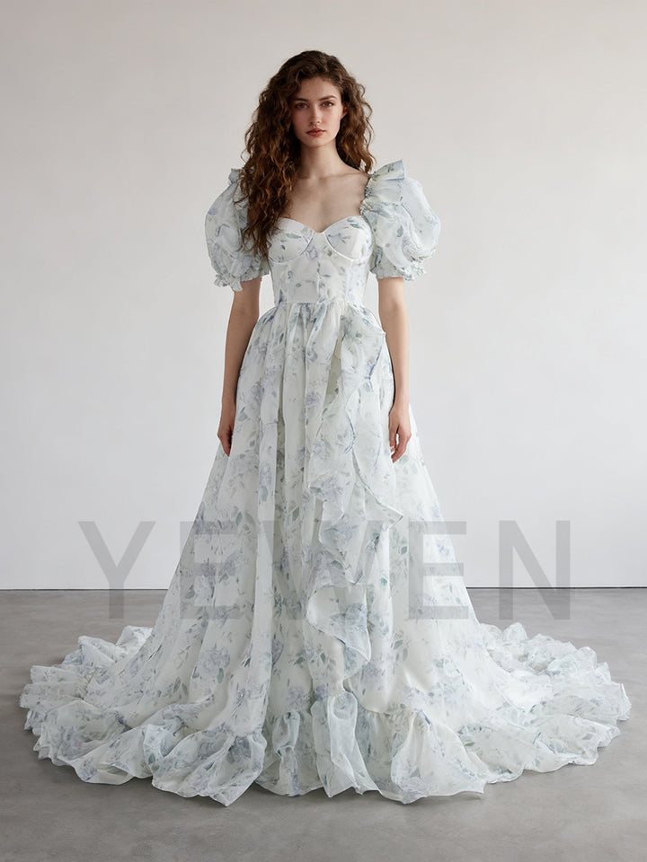 Print Floral Prom Dress Long Train Fancy Photo Shoots Gown Silk Soft Organza Maxi Dress YW231108
