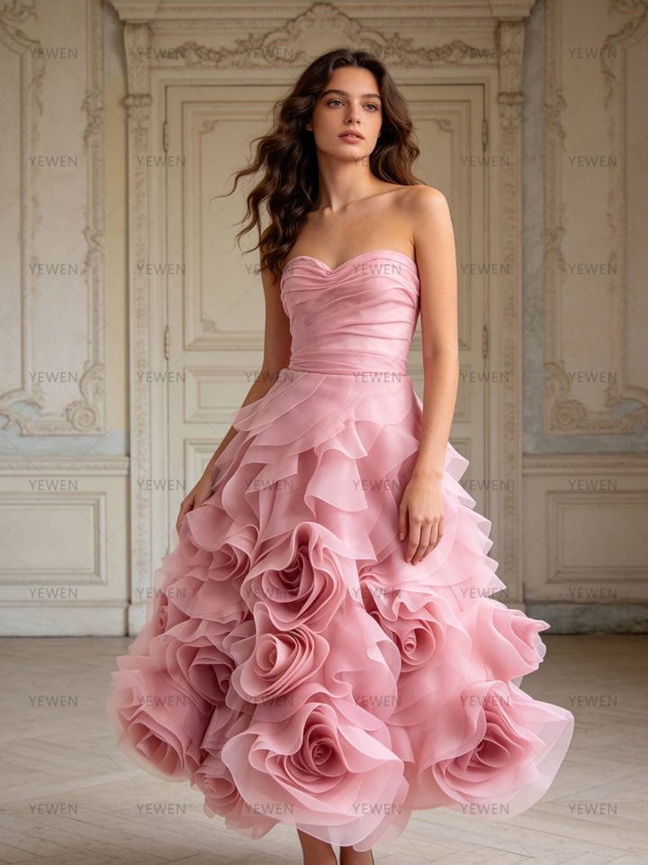 Strapless 3D Hand Rose Evening Dress Elegant Gown for Wedding Guest Party Dress YW260276