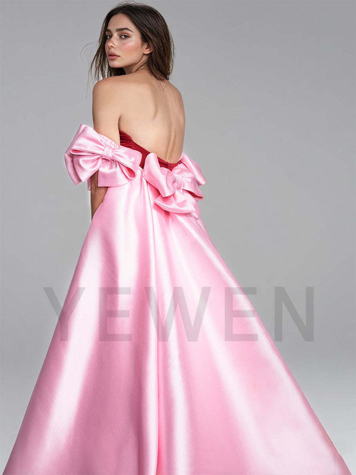 Elegant Satin Pink Cape With Red Bow Off Shoulder Prom Dresses uk LT003