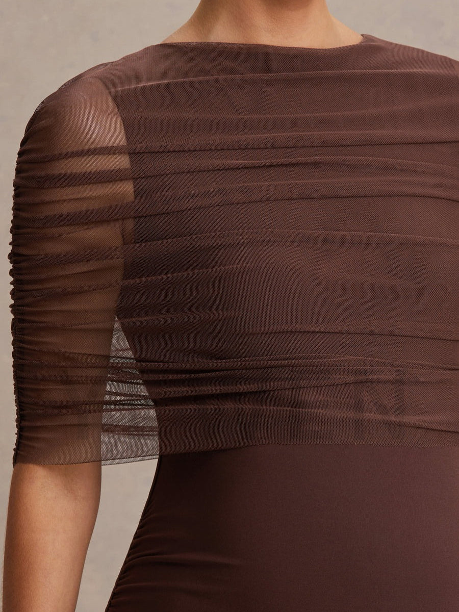 Brown Crew-Neck Maternity Gown With Mesh Cape