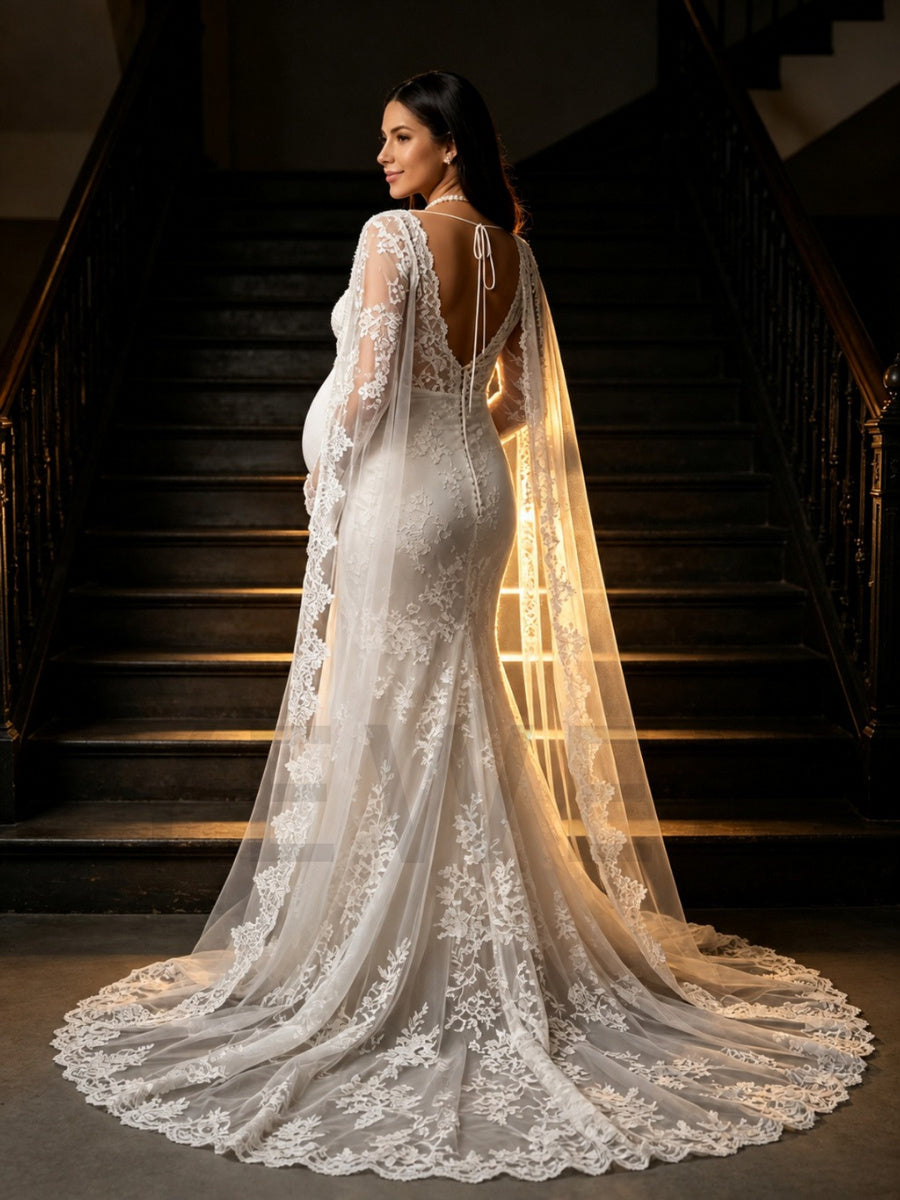Ivory Lace Mermaid Maternity Wedding Dress with Floor-Length Cape L-26933