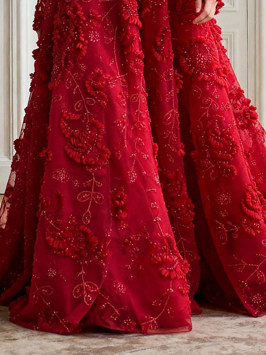 Striking Red Gown Embroidered Beaded Tulle Formal Gown Gala Dress