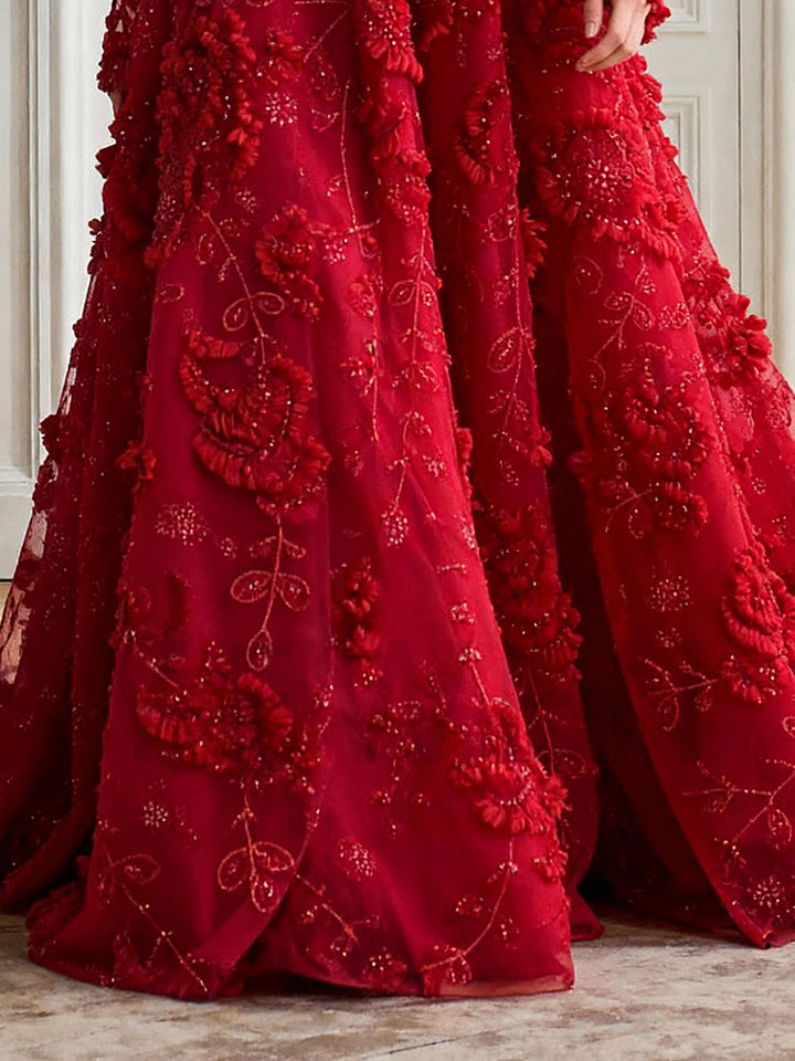 Striking Red Gown Embroidered Beaded Tulle Formal Gown Gala Dress