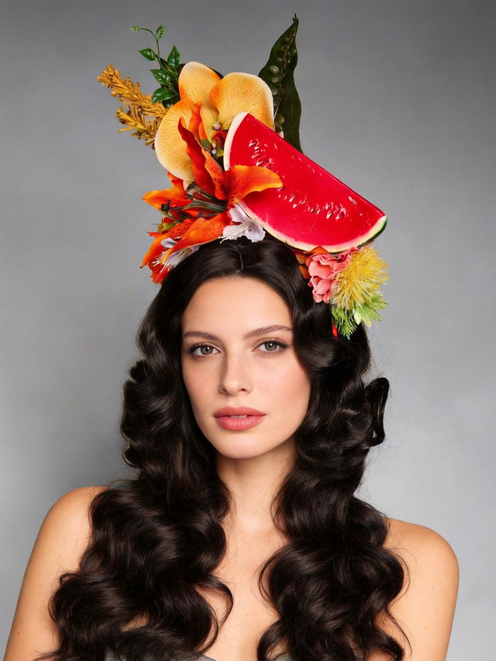 Hair Accessories Tropical Watercolor Floral Headpiece with Watermelon Slice Photoshoot Headdress for Bridal Showers YW2603143D