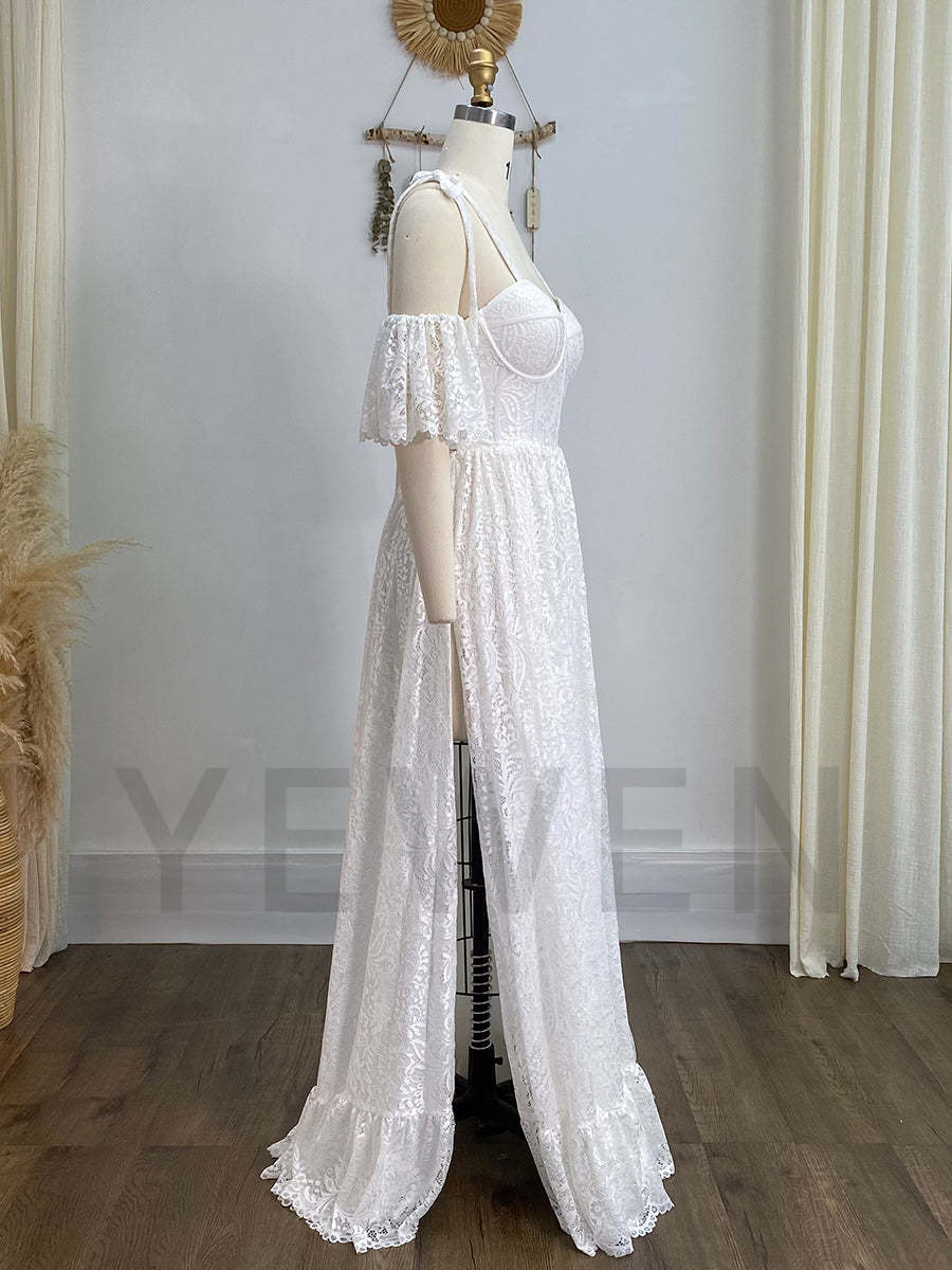 Boho Lace Maxi Dress for Wedding Vintage Bohemian Bridal Dress Elopement Dress YW240036