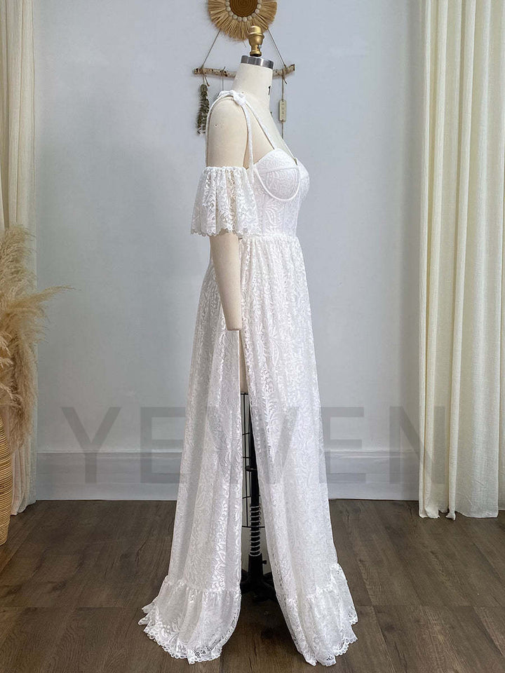 Boho Lace Maxi Dress for Wedding Vintage Bohemian Bridal Dress Elopement Dress YW240036