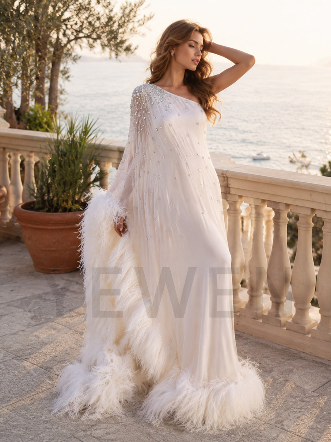 Luxurious One Shoulder Feather Photoshoot Gown Crystal Embellished Bridal Cape Maxi Dress