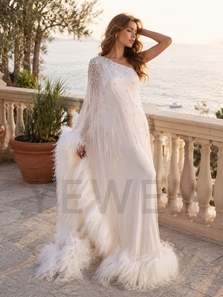 Luxurious One Shoulder Feather Photoshoot Gown Crystal Embellished Bridal Cape Maxi Dress
