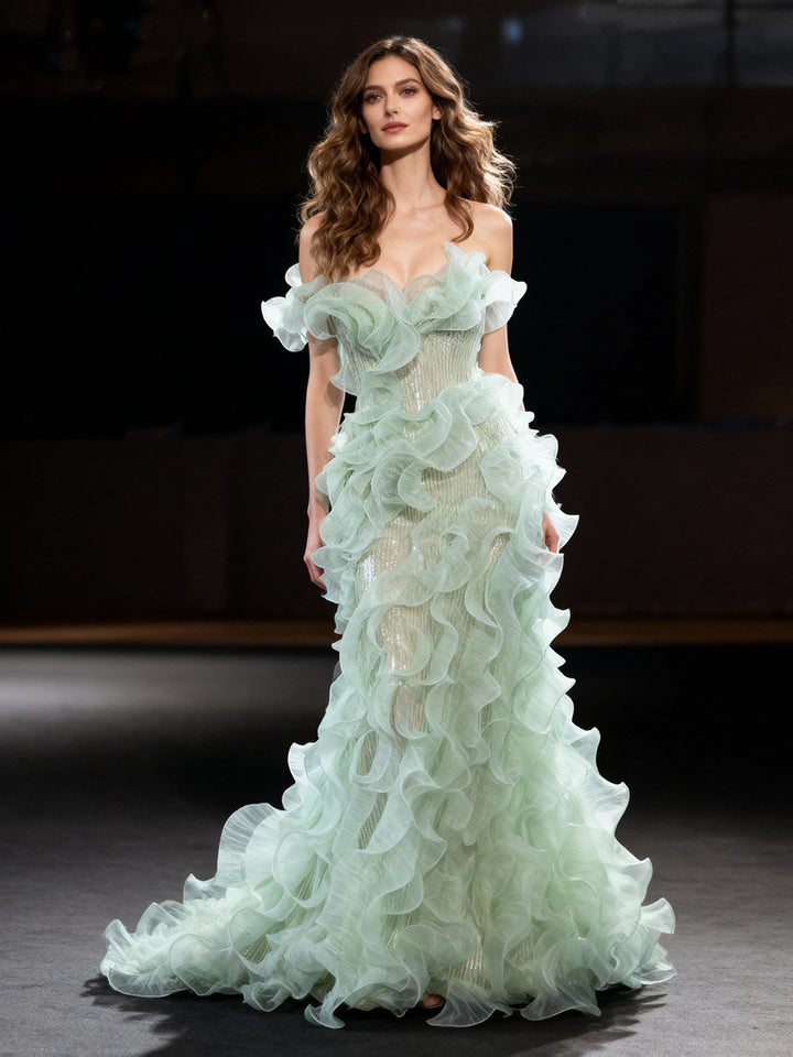 Elegant Pretty Green Women Evening Dress Lush Organza Ruffles Mermaid Gown