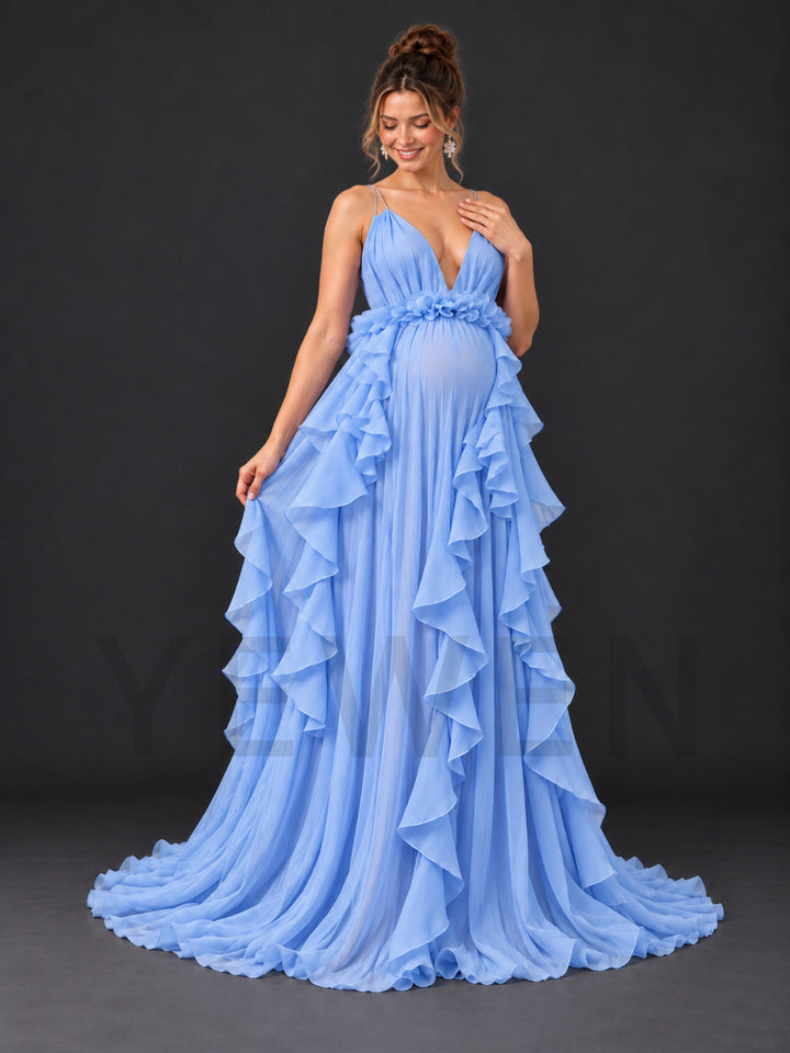 Spaghetti Deep V-Neck Tulle Ruffle Maternity Photoshoot Gown HA261003