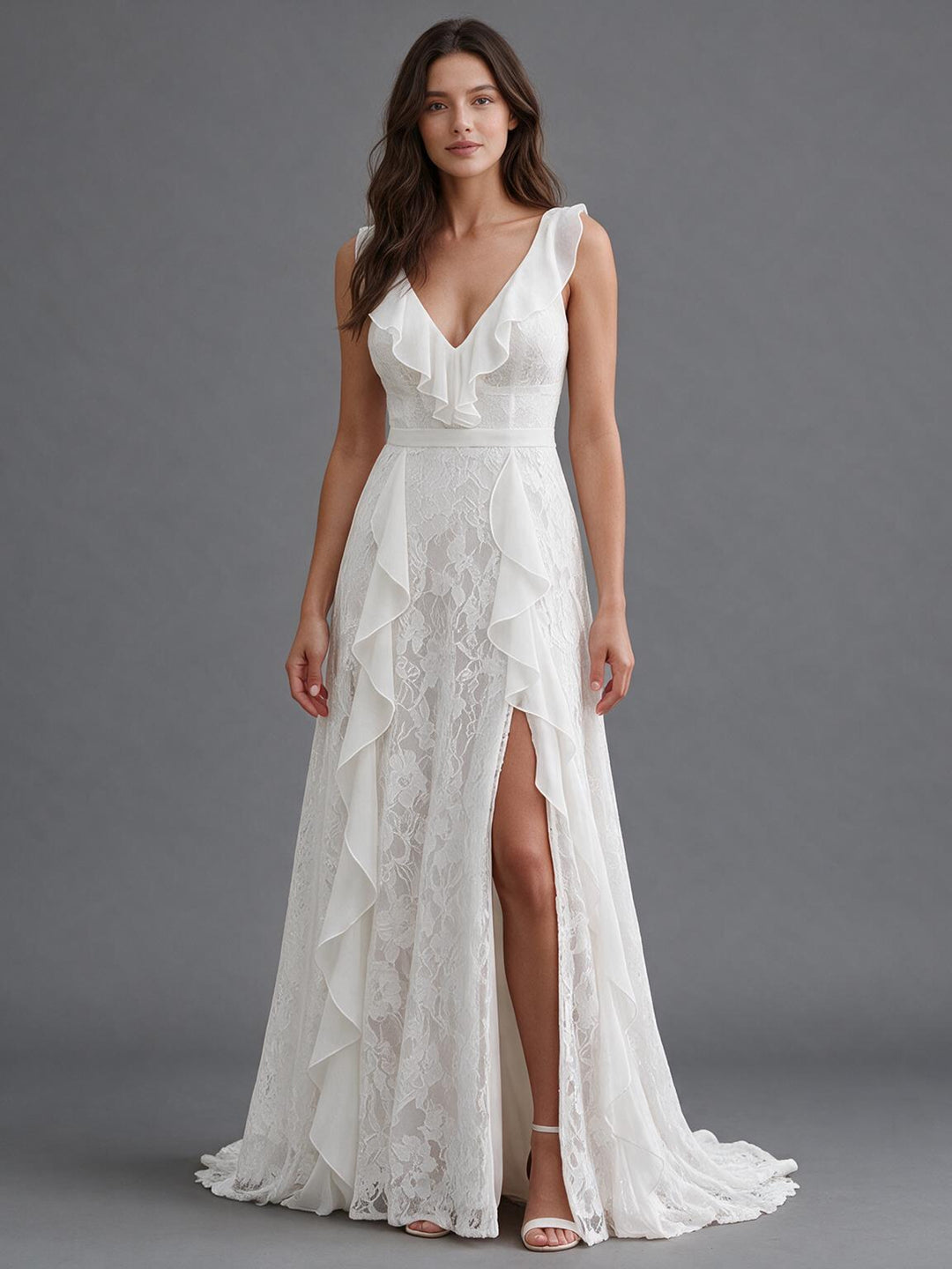 Ivory Draped Ruffle Front Floral Lace Boho Wedding Dress