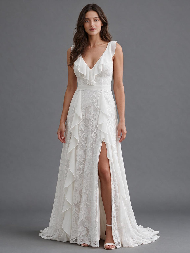Ivory Draped Ruffle Front Floral Lace Boho Wedding Dress