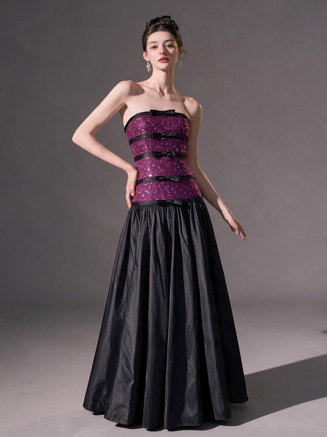 Strapless Sequin Bodice Evening Gown with Black Pleated Skirt YS001