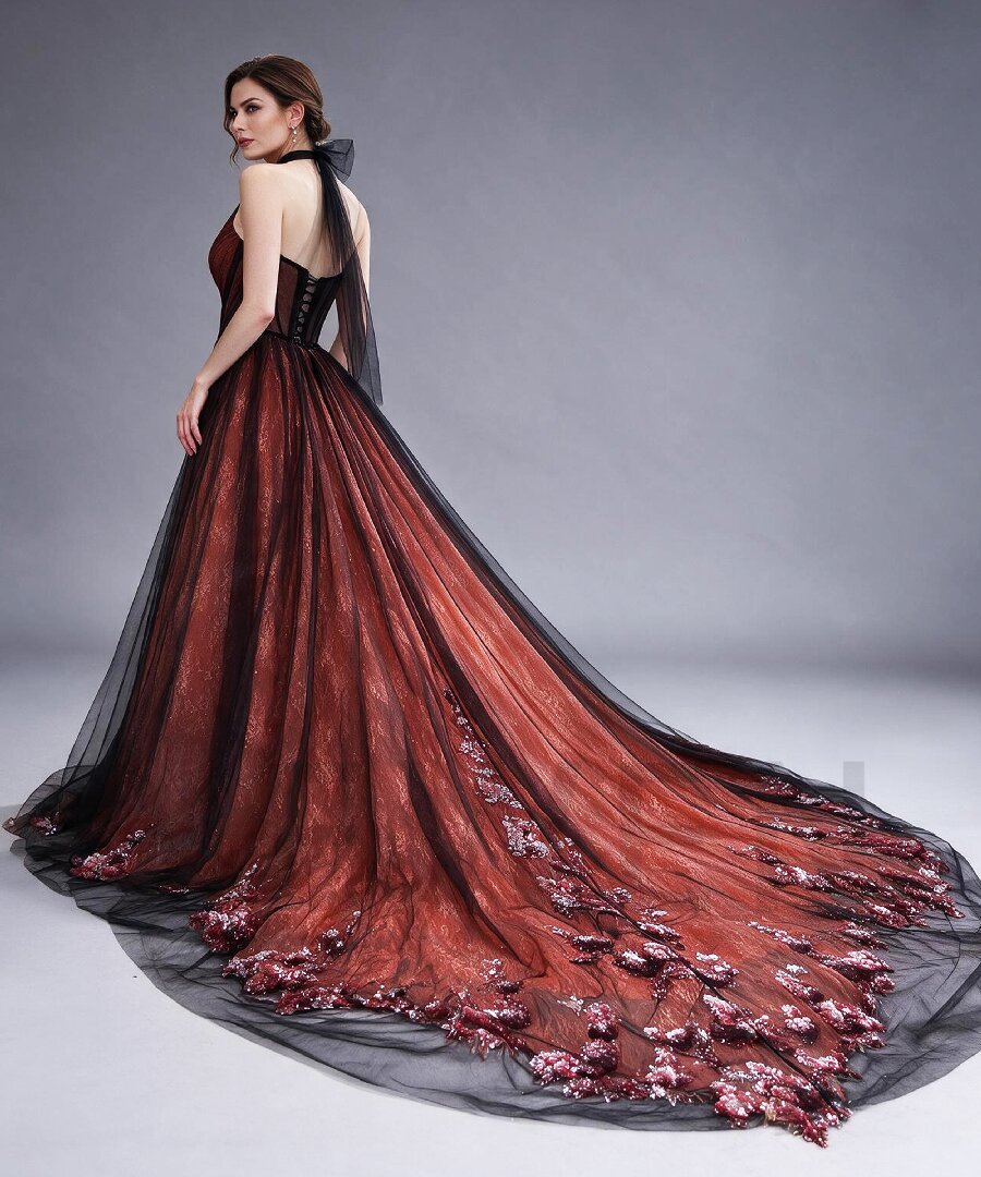 Halter Corset Tulle Evening Gown with Sequin Train YX26103