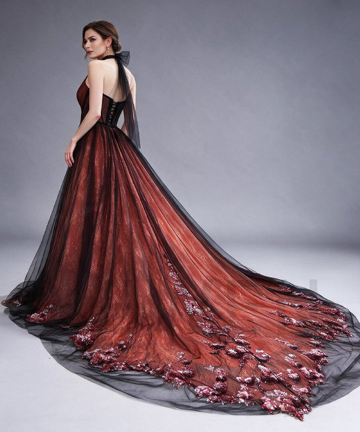 Halter Corset Tulle Evening Gown with Sequin Train YX26103