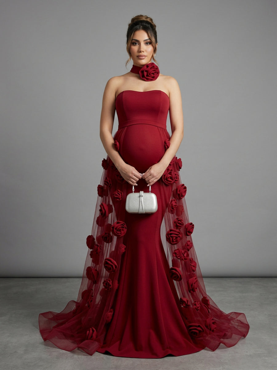 Strapless Mermaid Maternity Photoshoot Gown with 3D Rose Train YD260916