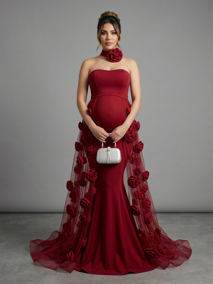 Strapless Mermaid Maternity Photoshoot Gown with 3D Rose Train YD260916