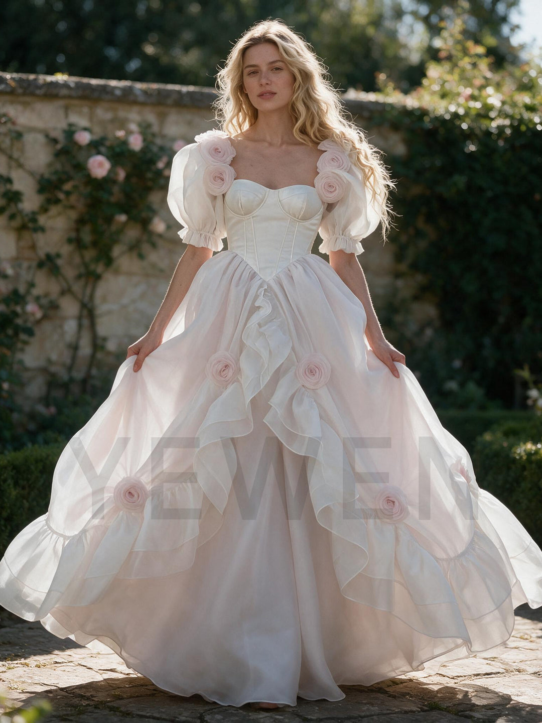 Corset Tiered Ruffle 3D Rose Puff Sleeve Princess Dress YW2610147