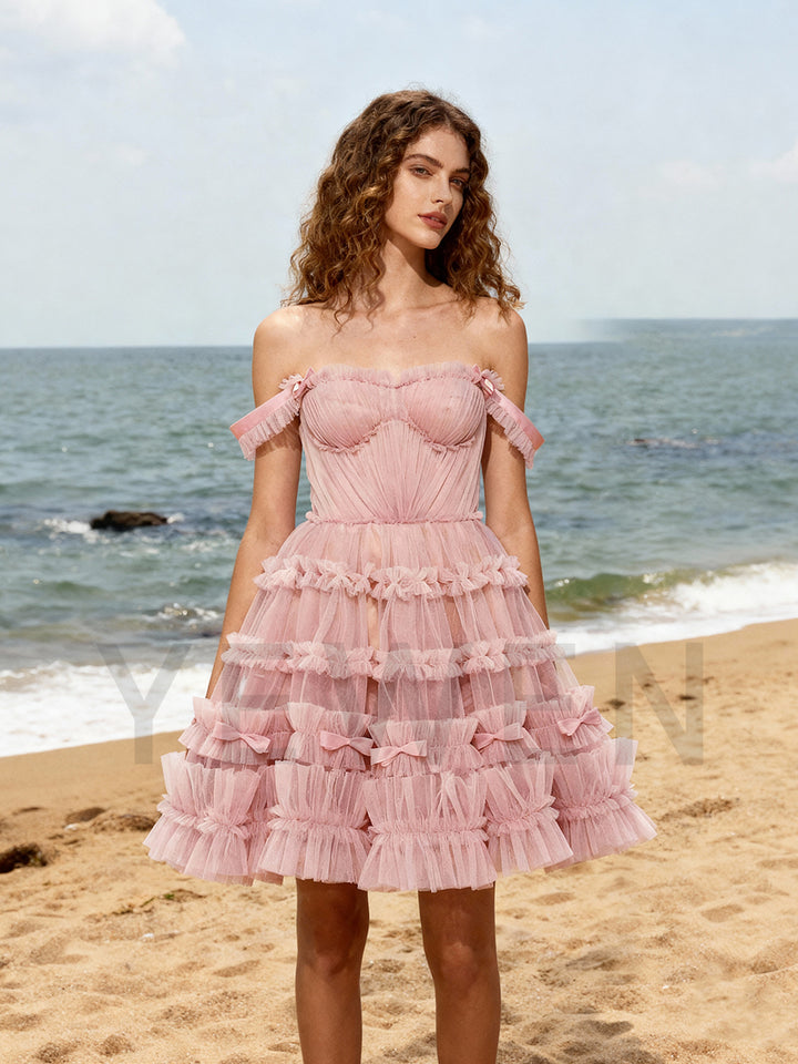 Dusty Pink Short Prom Dress Tulle Holiday Mini Nigh Party Dress