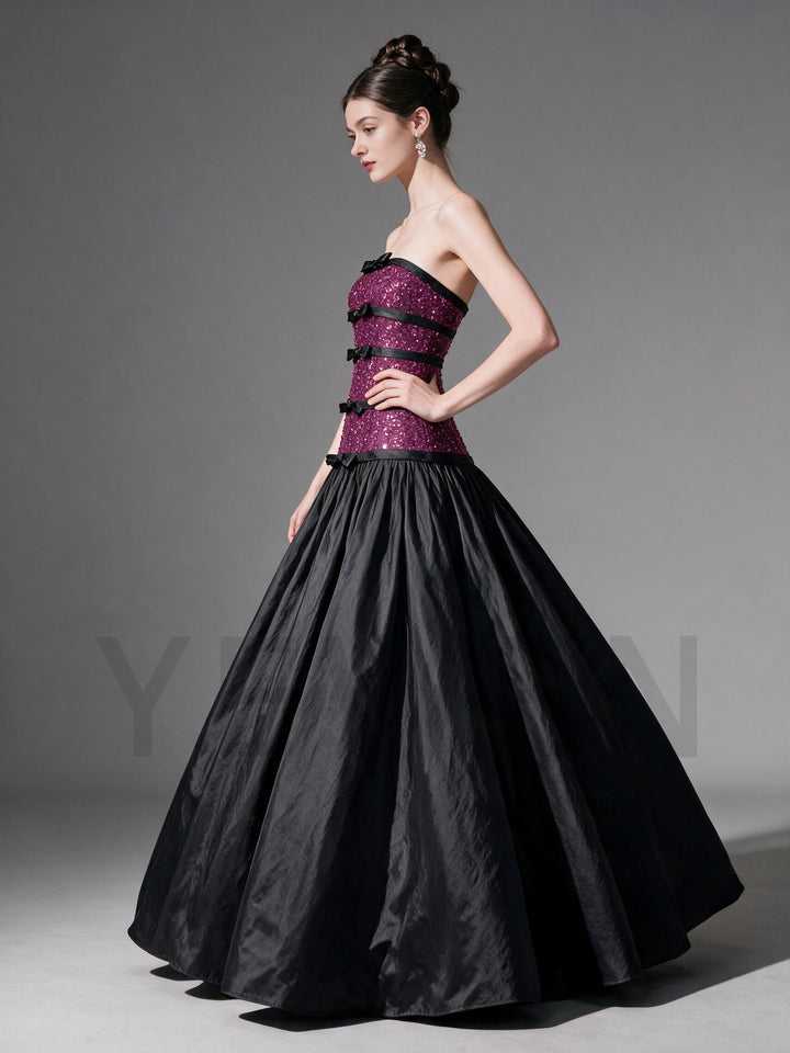 Strapless Sequin Bodice Evening Gown with Black Pleated Skirt YS001
