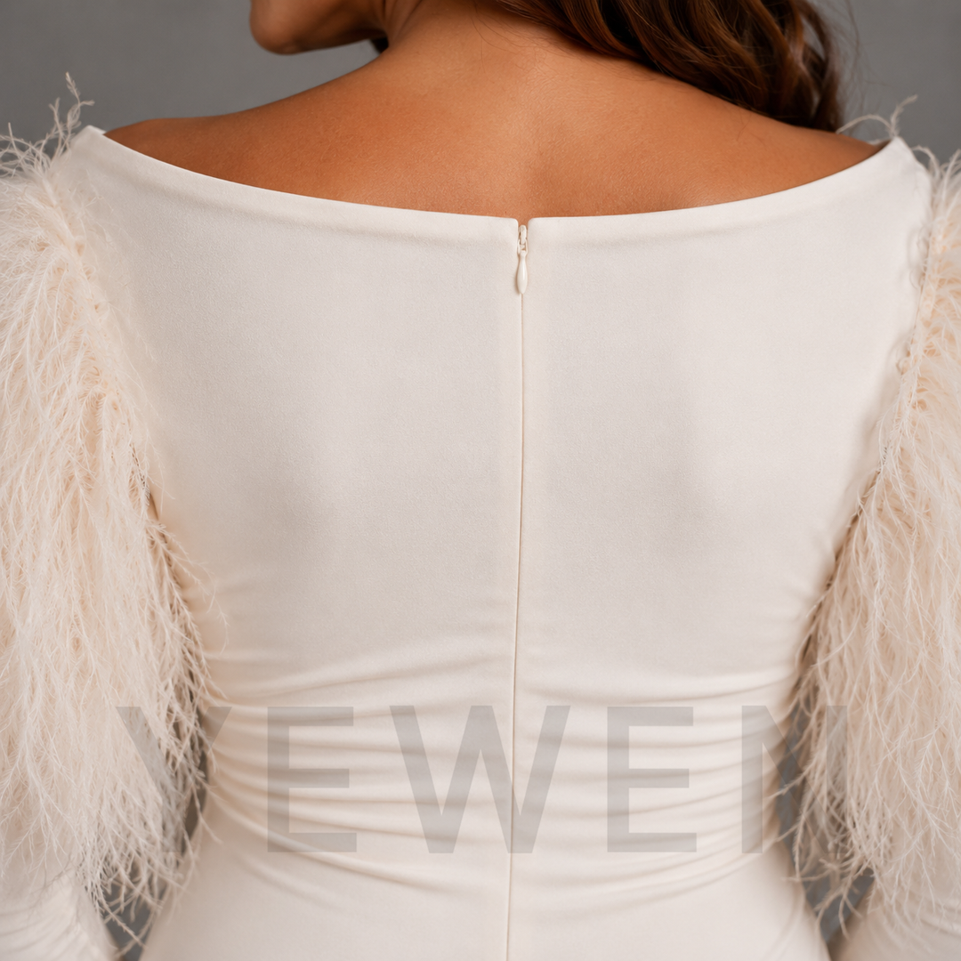 Ivory Feather Sleeve Maternity Mermaid Dress for Baby Shower L-26817