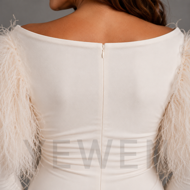 Ivory Feather Sleeve Maternity Mermaid Dress for Baby Shower L-26817