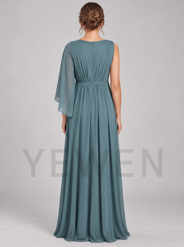 Satin Chiffon One-Shoulder Cape Maternity Baby Shower Dress L-26945