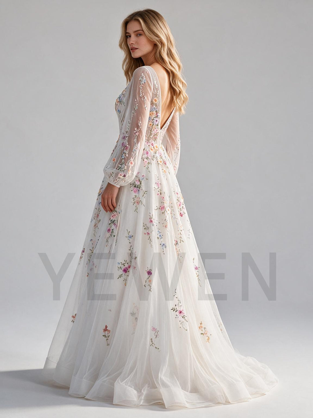 Ivory Deep V-Neck Floral Wedding Dress with Sheer Long Sleeves