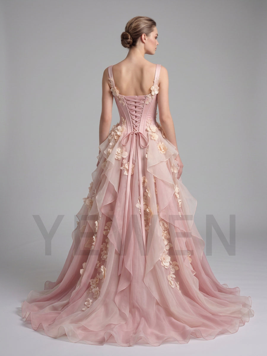Romantic Pink Sweetheart Boned Corset 3D Floral Evening Gown YD260915