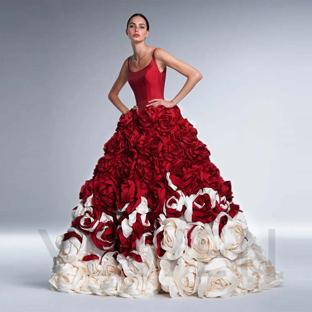 Elegant Red and White Rosette A Line Ball Gown Wedding Dress Special Occasion Dresses Photography Bridal Gown Photoshoot Dress