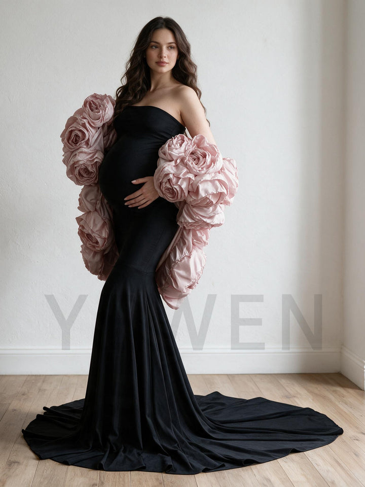 3D Floral Cape Strapless Mermaid Maternity Photoshoot Gown YW2610146