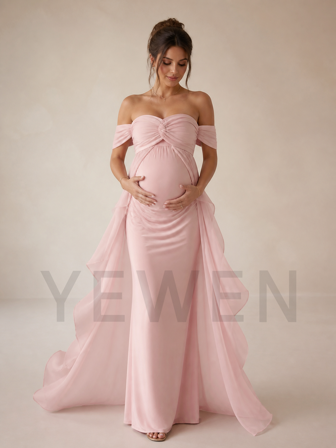 Light Pink Off Shoulder Maternity Gown with Ruffle Train for Baby Shower ZX001