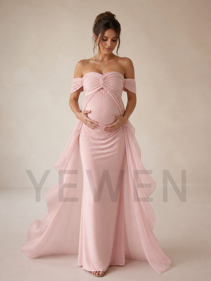 Light Pink Off Shoulder Maternity Gown with Ruffle Train for Baby Shower ZX001