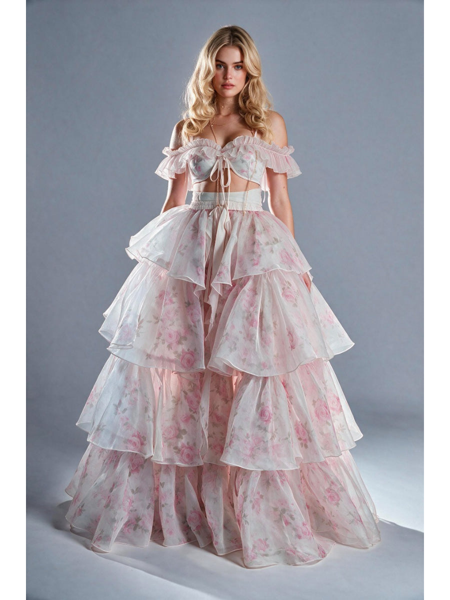 Pink Two-Piece Floral Off-Shoulder Princess Dress with Ruffle Tiered Skirt WT268020