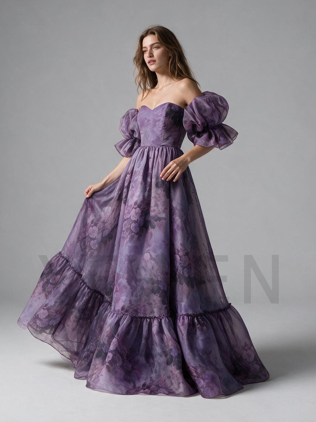 Floral Off-Shoulder Puff Sleeve Tiered Ruffle Princess Dress YW2610153