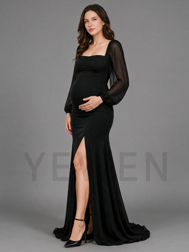 Ruched Black Mermaid Maternity Gown High Slit Sheer Sleeve Baby Shower Dress