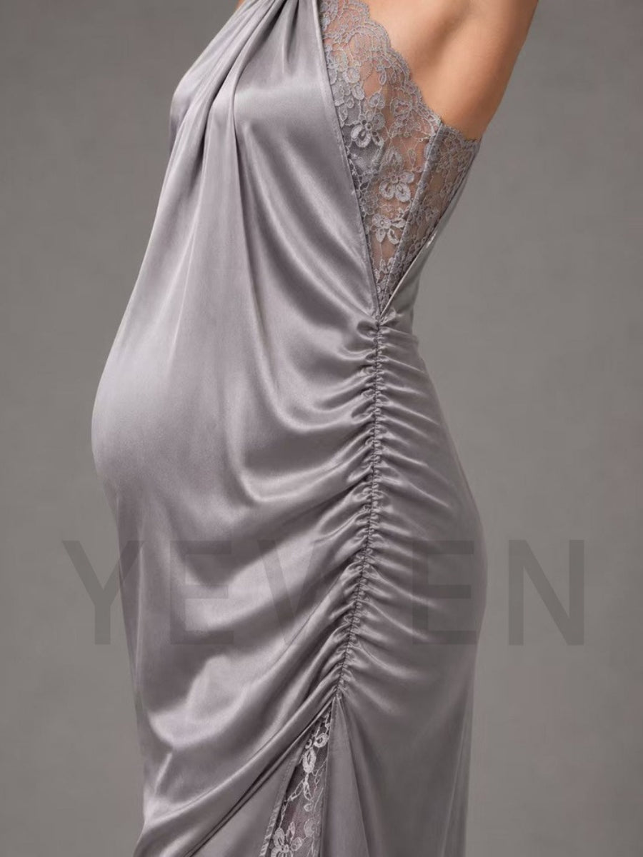Silver Halter Lace Trim Hem Maternity Baby Shower Dress L-26918