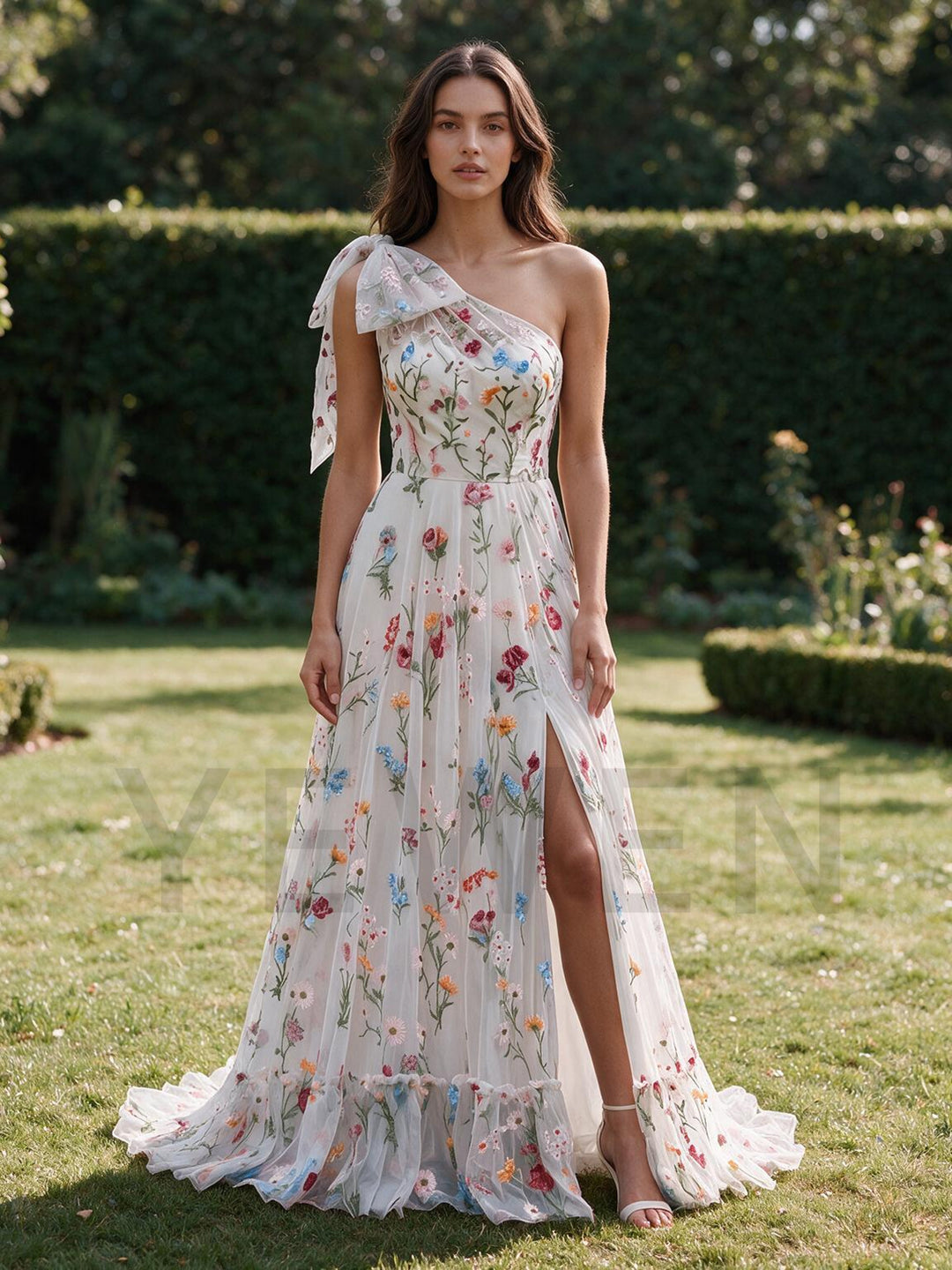 Ivory One-Shoulder Bow Floral Boho Wedding Dress