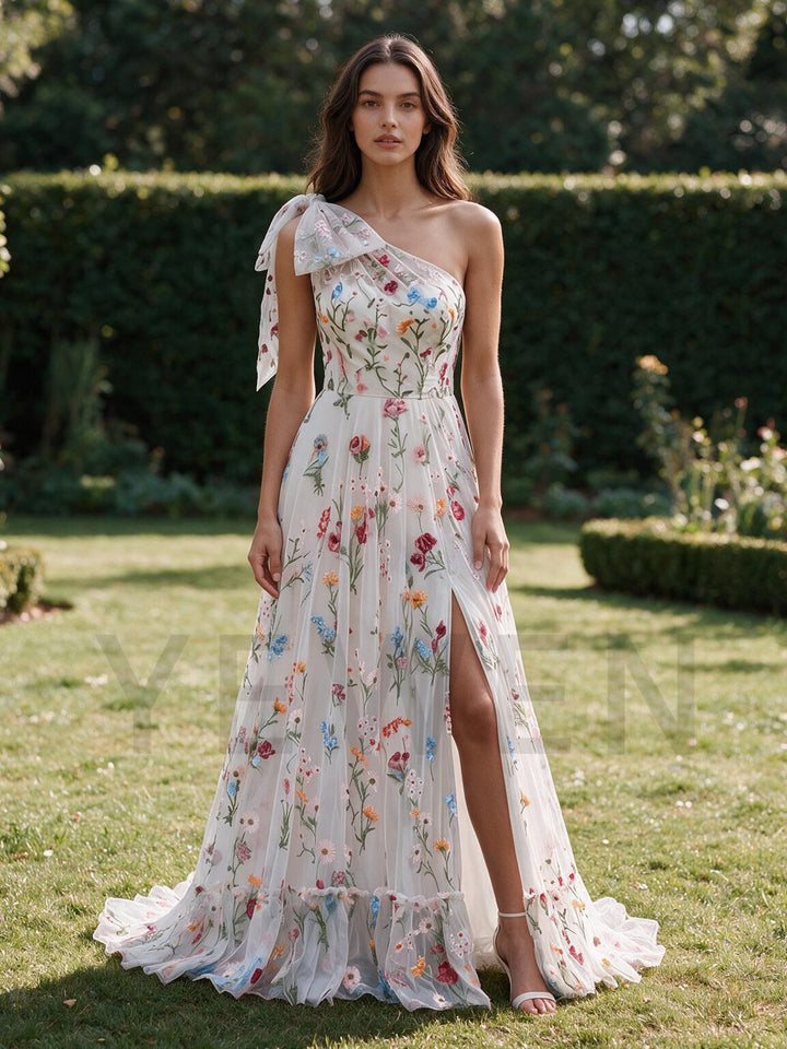 Ivory One-Shoulder Bow Floral Boho Wedding Dress