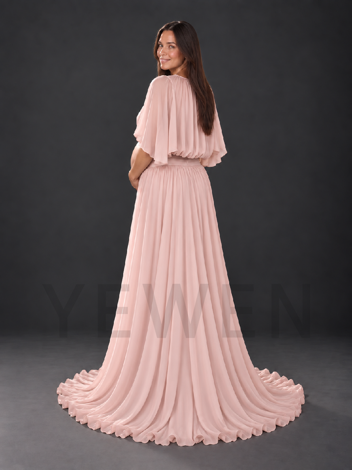 Keyhole Cape Sleeve Chiffon Maternity Photoshoot Gown HA260919
