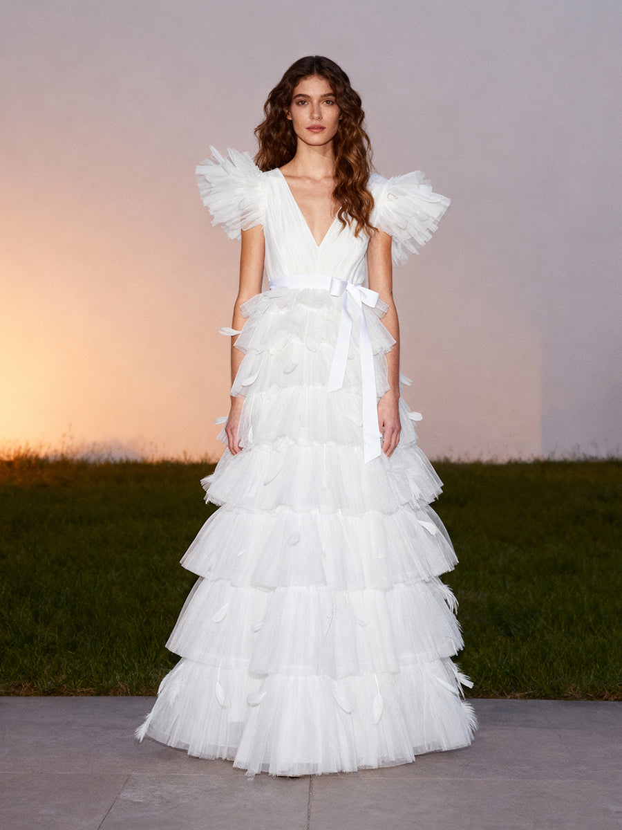 V Neck Tulle Tiered A Line Prom Bridal Dress Boho Bridal Gown 2 / Off White