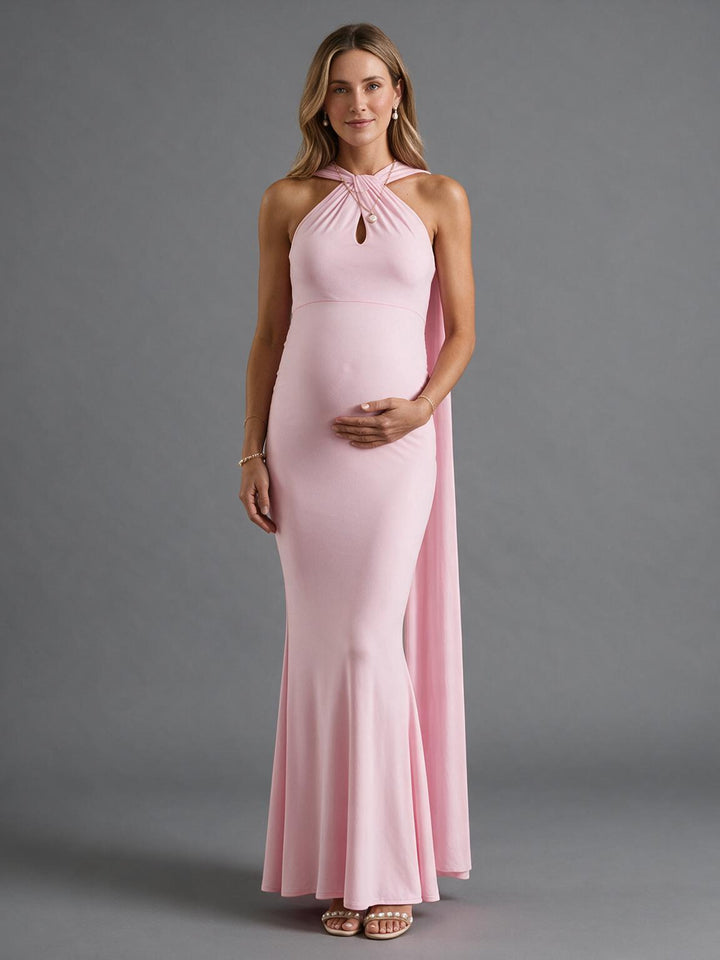 Halter Neck Keyhole Cape Maternity Dress for Baby Shower YM261006