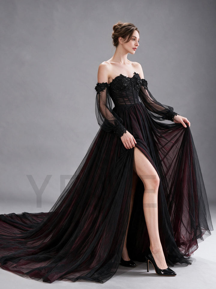 Black Burgundy Off-Shoulder Long Sleeve Tulle Evening Gown YX26107