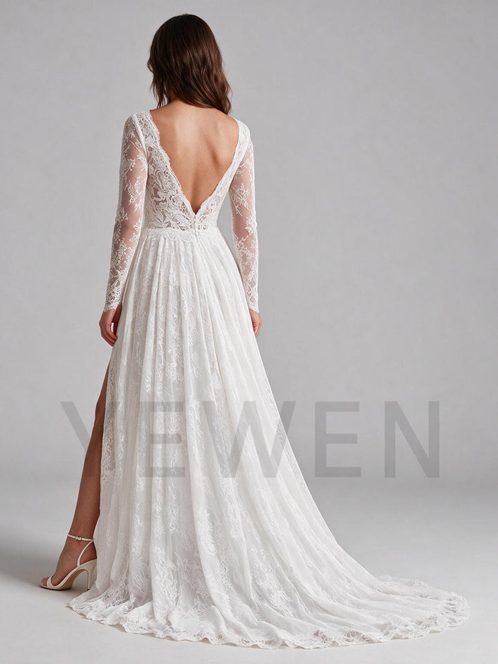 Ivory A-line Sweetheart Sheer Long Sleeve Lace Boho Wedding Dress