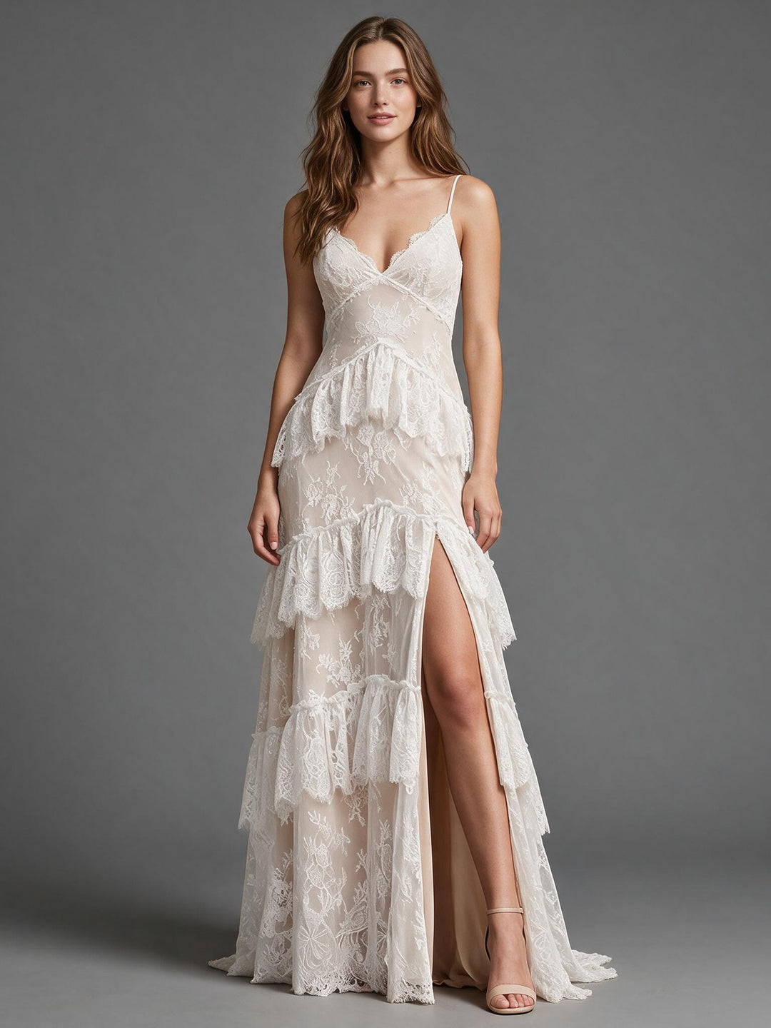 Ivory Spaghetti Strap V-Neck Lace Wedding Dress with Tiered Ruffle Skirt