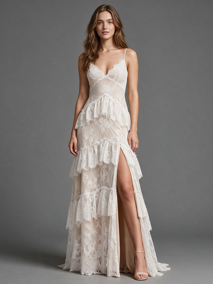 Ivory Spaghetti Strap V-Neck Lace Wedding Dress with Tiered Ruffle Skirt