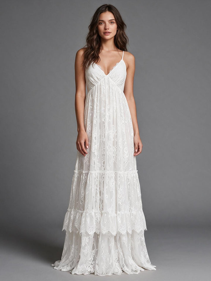Ivory Spaghetti Strap V-Neck Tiered Lace Ruffle Wedding Dress