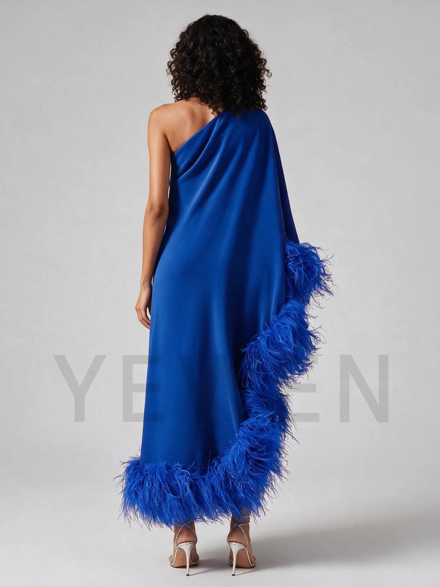 Blue One-Shoulder Poncho Ostrich Feather Satin Evening Gown YW2610064