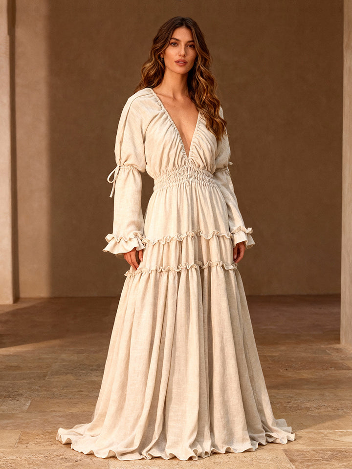 Long Sleeves Cotton Woman Maxi Dresses Side Slit Photo Shoot Dress YEWEN YW231092