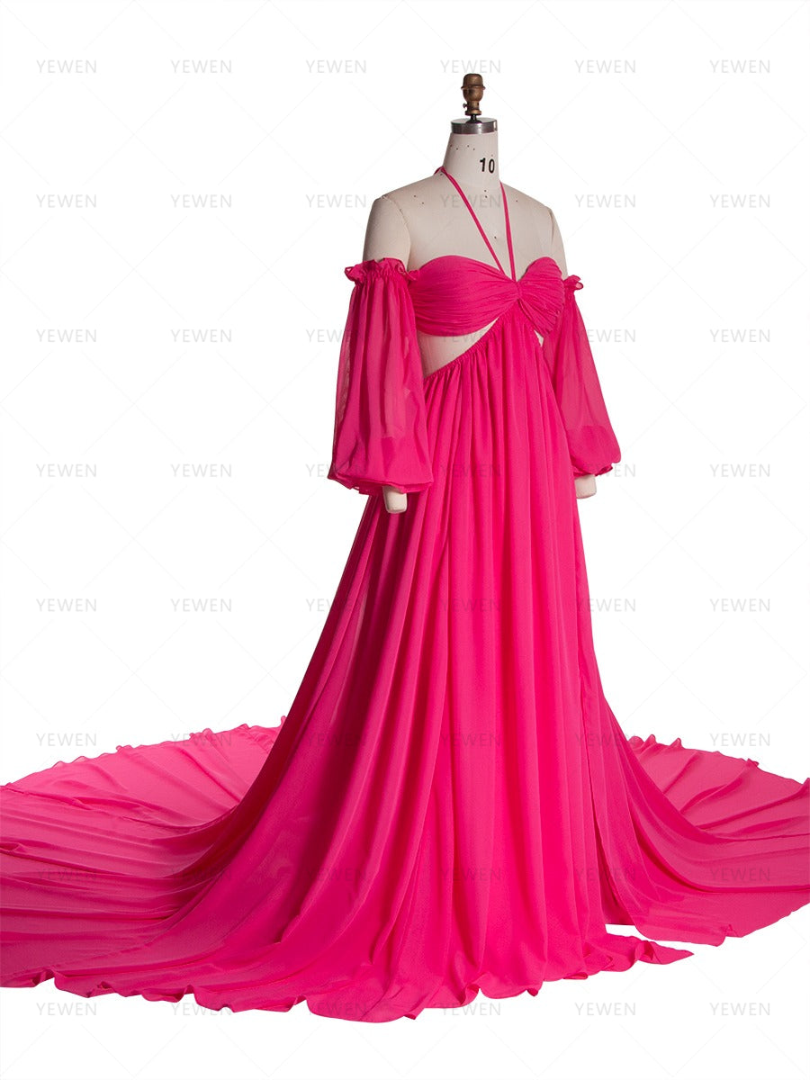 Bohemian Chiffon Photoshoot Dress Side Leg Slit Detachable Sleeves FlowyDress YW260236